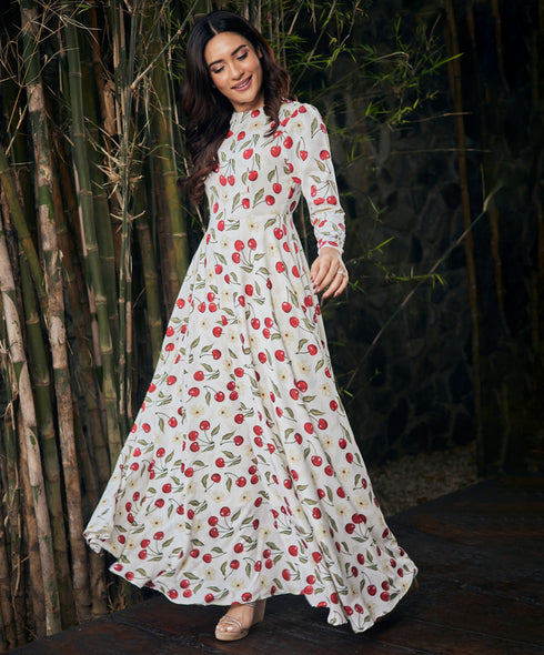 Cherry Printed Long Sleeve Maxi Dress