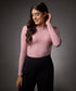 Long Sleeve Round Neck Rib Top- Salmon Pink
