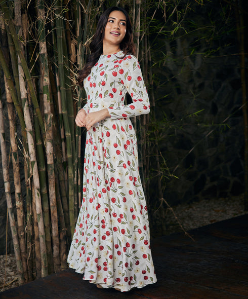 Cherry Printed Long Sleeve Maxi Dress