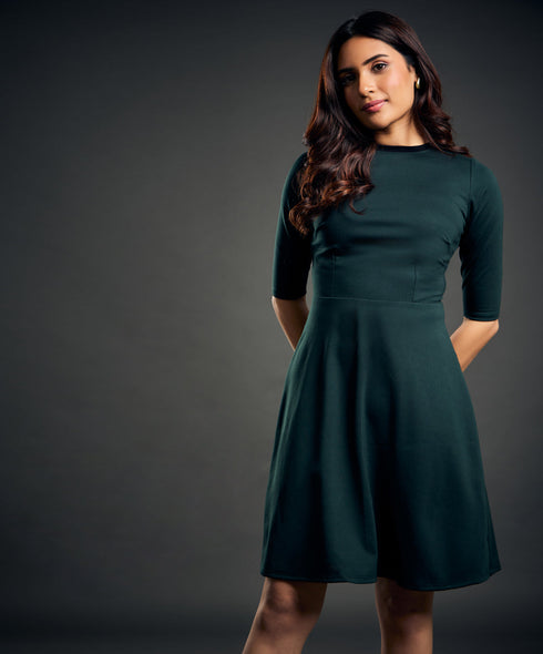 Neck Contrast A-line Ponte dress