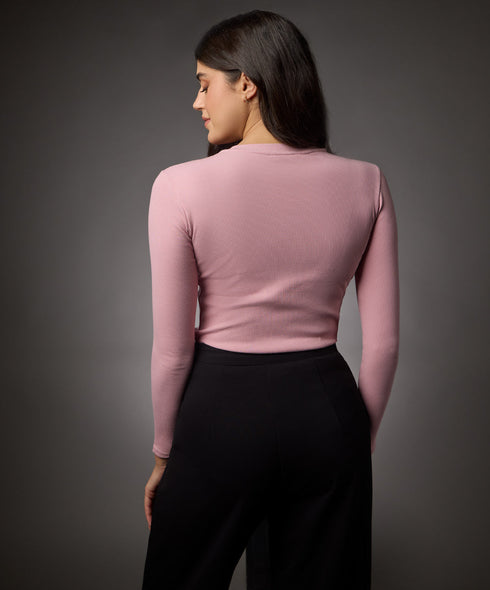 Long Sleeve Round Neck Rib Top- Salmon Pink