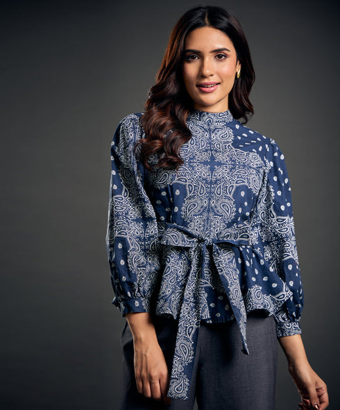 Blue And White Printed Peplum Top