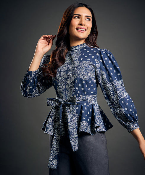 Blue And White Printed Peplum Top