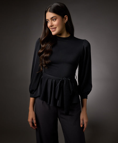 Bishop Sleeve Belted Peplum Top-Black