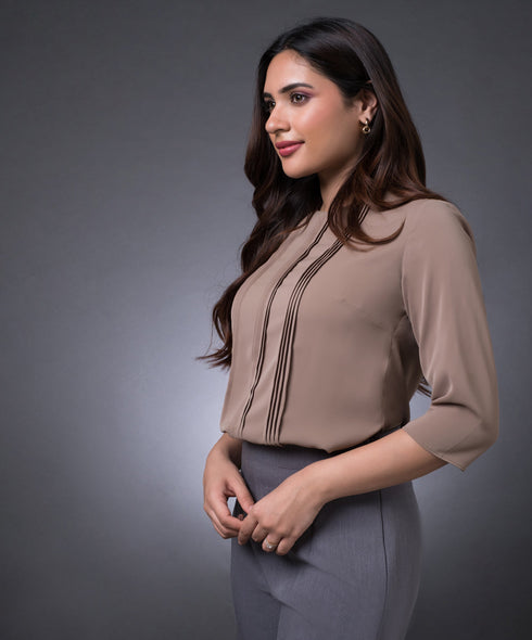 Front Pintuck Long Sleeve Brown Top
