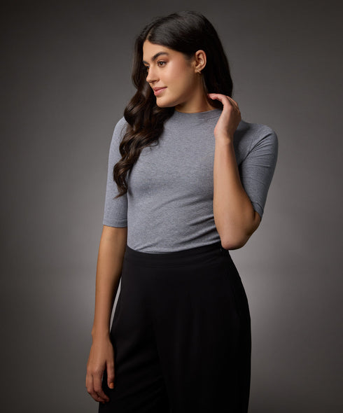 Short Sleeve High Neck Rib Top- Light Grey