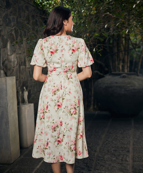 Balloon Sleeve Printed Midi Summer Dress