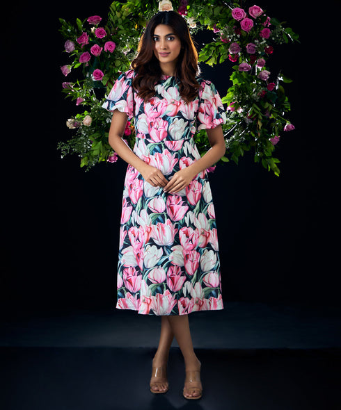 Puffed Sleeve Bold Printed Chiffon Dress