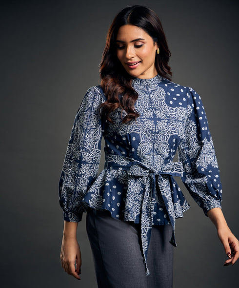 Blue And White Printed Peplum Top