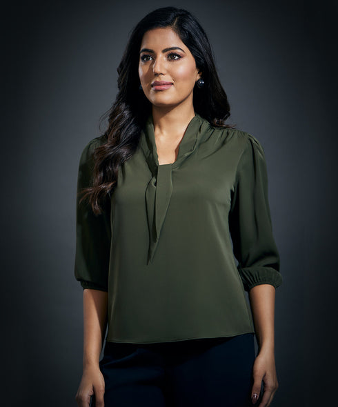 Deep Neck Bow Tie Chiffon Top-Dark Green