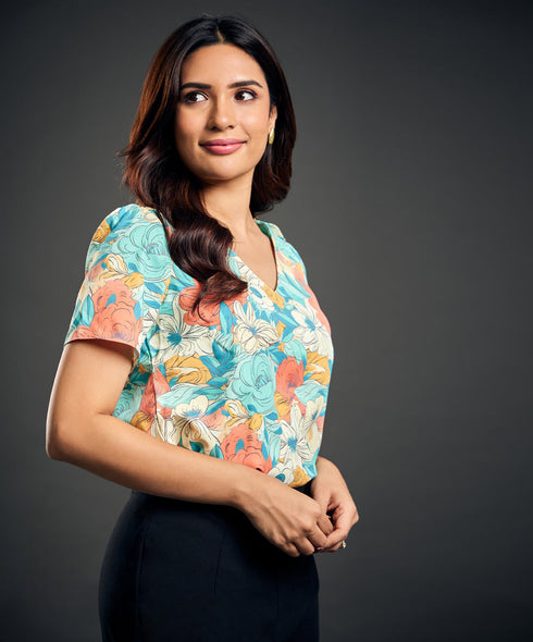 Vneck Shoulder Buttoned Green Top