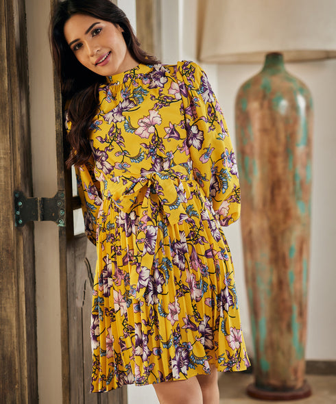 Floral Mock Neck Tie Waist Dress