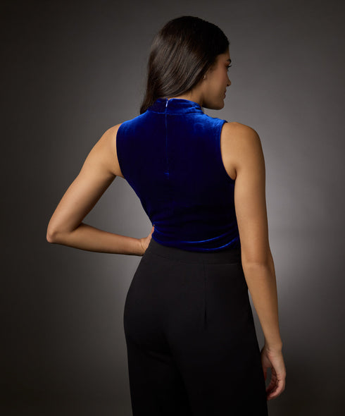 High Neck Sleeveless Velvet Top- Royal Blue