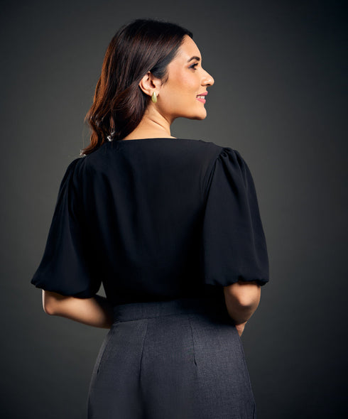 Wide Neck Crushed Formal Black Top