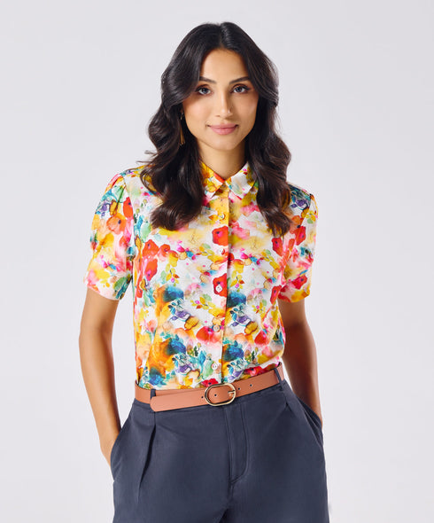 Short Sleeve Classic Collar Printed Top