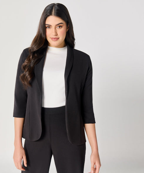 Curved Label Collared Classic Jacket- Black