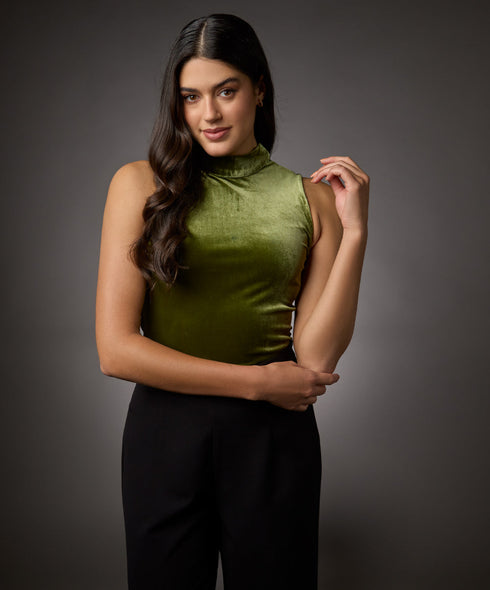 High Neck Sleeveless Velvet Top- Moss Green