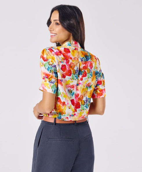 Short Sleeve Classic Collar Printed Top