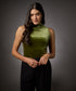 High Neck Sleeveless Velvet Top- Moss Green