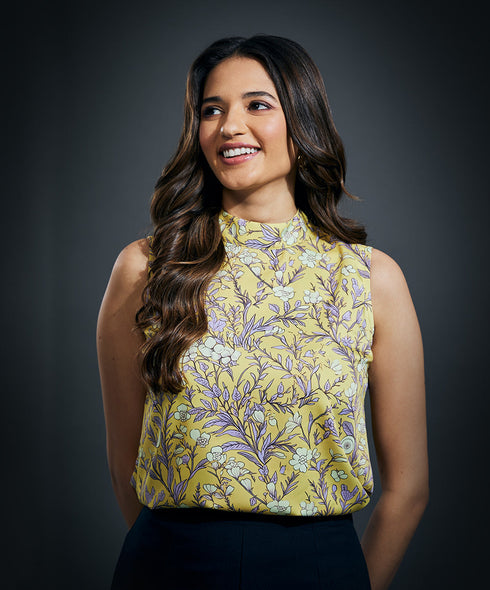 Sleeveless Printed Satin Top-Yellow Print