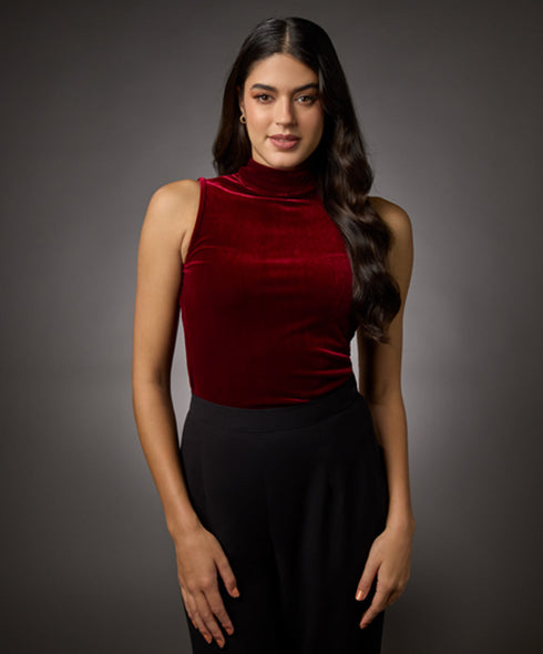 High Neck Sleeveless Velvet Top- Maroon