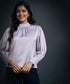 High Neck Long Sleeve Button Detailed Satin Top-Light Purple
