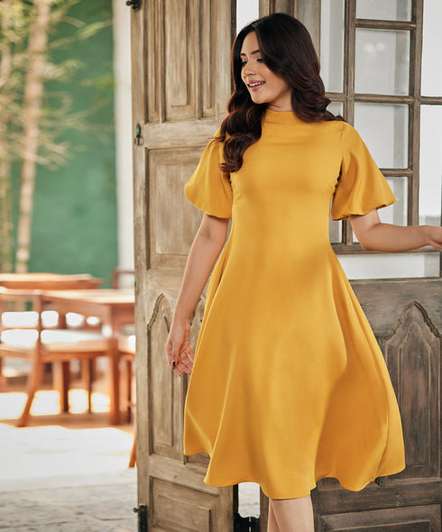 Balloon Sleeve High Neck Mustard Dress