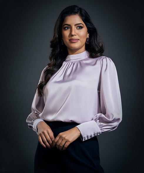 High Neck Long Sleeve Button Detailed Satin Top-Light Purple
