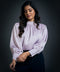 High Neck Long Sleeve Button Detailed Satin Top-Light Purple