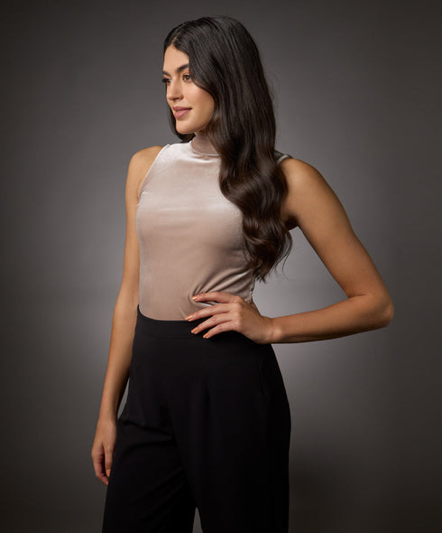 High Neck Sleeveless Velvet Top- Beige