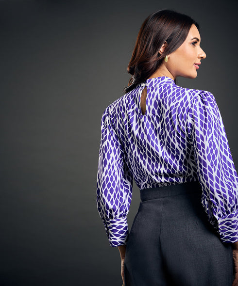 Round Standing Collar Printed Blue Top