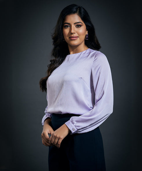 Long Sleeve Crepe Satin Top-Light Blue