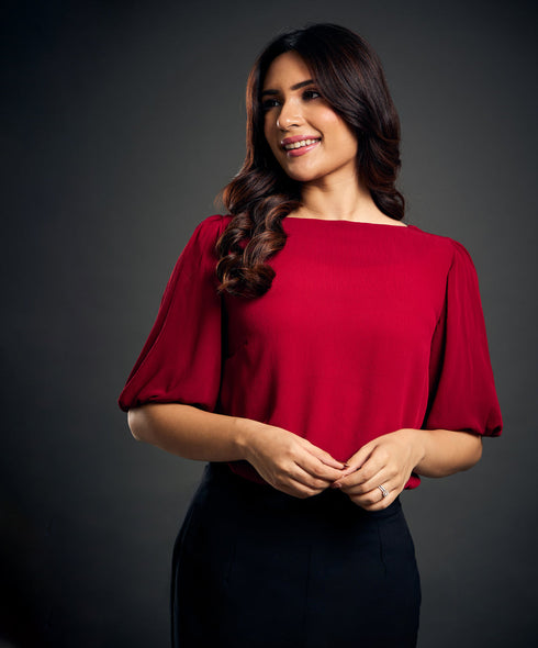 Sleeve Gathered Crepe Red Top