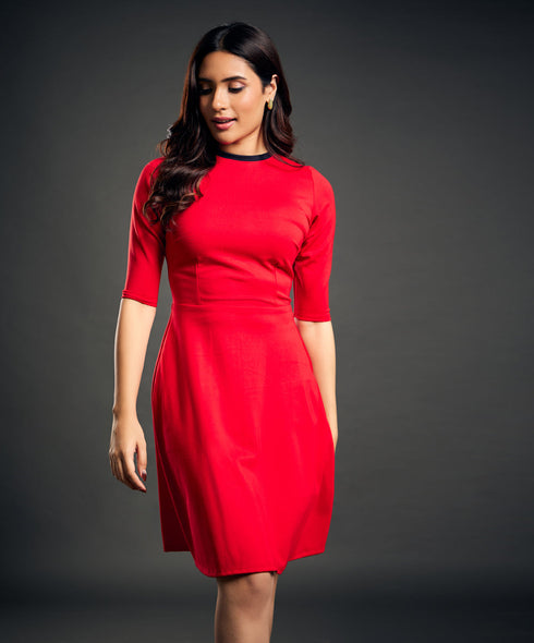 Neck Contrast A-line Red Dress