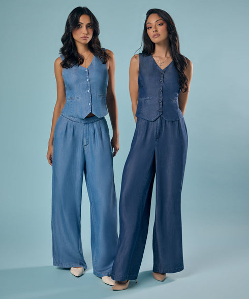 Flared Leg Washed Tencel Light Blue Pant