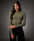 Long Sleeve Round Neck Rib Top- Khaki Green