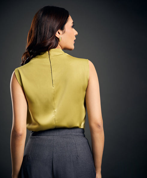 Cowl Neck Sleeveless Satin Green Top