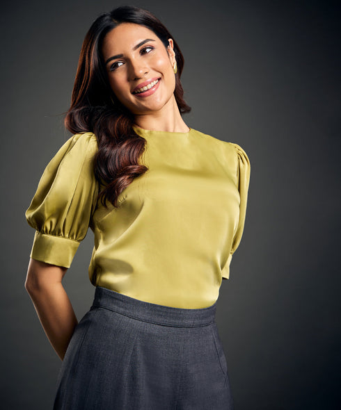 Satin Puffed Sleeve Green Top
