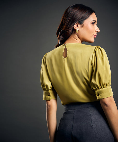 Satin Puffed Sleeve Green Top