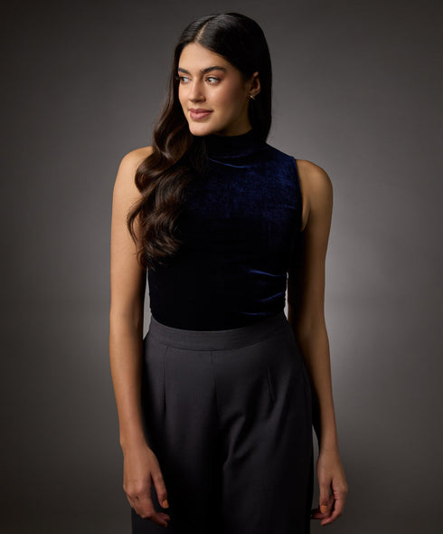 High Neck Sleeveless Velvet Top-Navy Blue