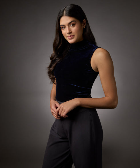 High Neck Sleeveless Velvet Top-Navy Blue