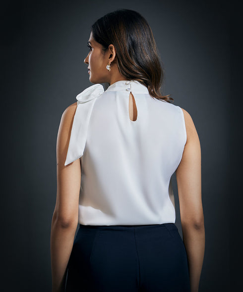 Neck Bow Tie Sleeveless Top-White