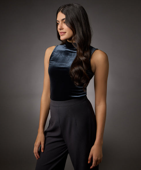 High Neck Sleeveless Velvet Top- Grey