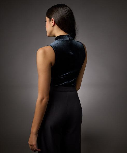 High Neck Sleeveless Velvet Top- Grey