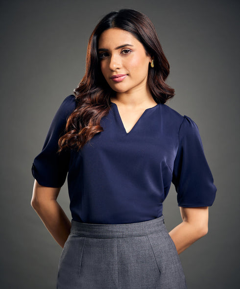 Notched Neck Blue Blouse