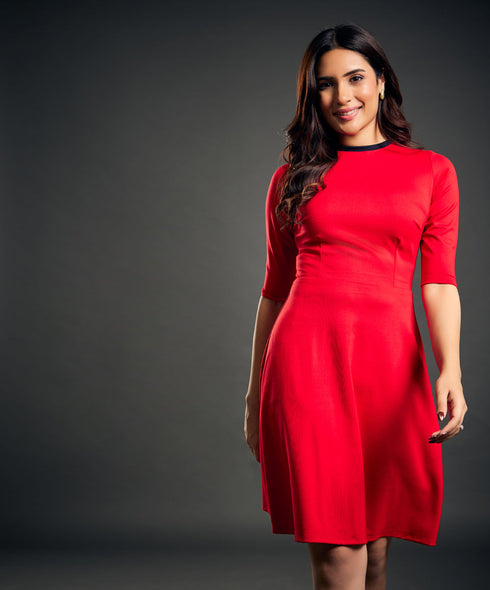 Neck Contrast A-line Red Dress