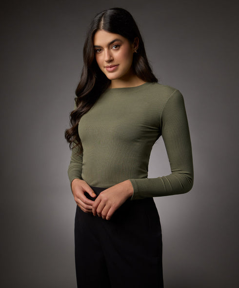 Long Sleeve Round Neck Rib Top- Khaki Green