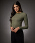 Long Sleeve Round Neck Rib Top- Khaki Green