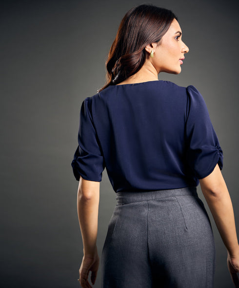 Notched Neck Blue Blouse