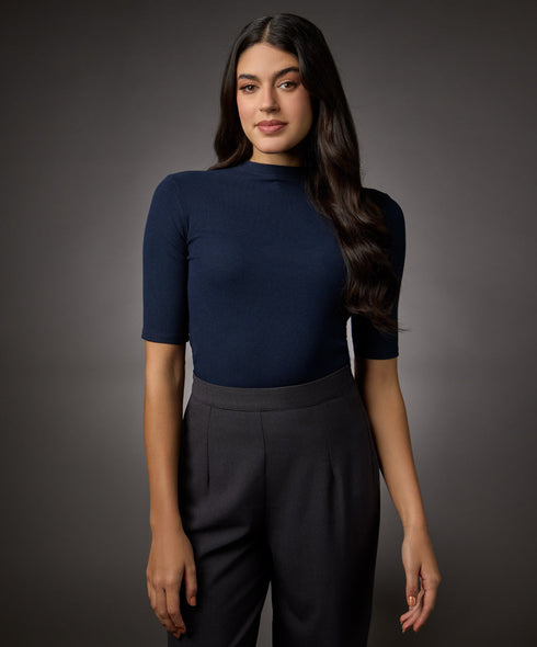 Short Sleeve High Neck Rib Top- Navy Blue